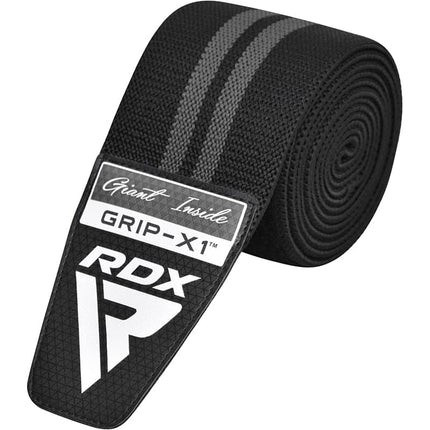 RDX KR11 Kniebandagen zum Wickeln Kraftraining Fitness Bodybuilding Grau Klettverschluss Rolle Details