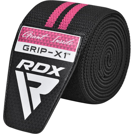 RDX KR11 Kniebandagen zum Wickeln Kraftraining mit Klettverschluss Fitness Bodybuilding Pink Frauen aufgerollt