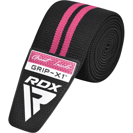 RDX KR11 Kniebandagen zum Wickeln Kraftraining mit Klettverschluss Fitness Bodybuilding Pink Frauen aufgerollt