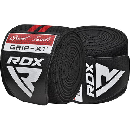 RDX KR11 Kniebandagen zum Wickeln Kraftraining Fitness Bodybuilding Rot Klettverschluss aufgerollt zwei Paare