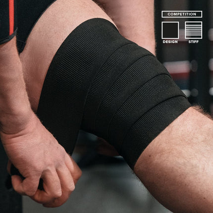 SBD Kniebandagen zum Wickeln Kraftsport Profi Powerlifting Steif Schwarz Wettkampf Details Knie