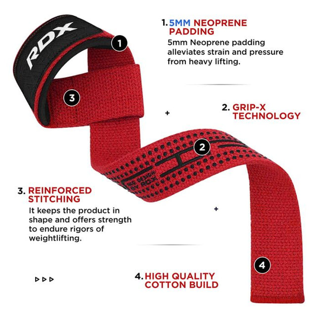 RDX S4 Lifting Wrist Straps Red Plus Zughilfen Fitness Gym Paar Details